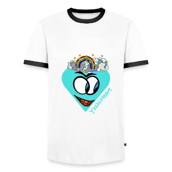 YoshiHeart - Edition 1 - Heart light blue - Men's Ringer Shirt - white/black - Front - AI Model Female 172 light (172cm) & AI Model Male 178 dark (178cm)