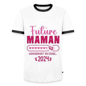 Future Maman 2024 En Cours Femme Enceinte Maman - T-shirt contrasté Homme - blanc/noir - Devant - AI Model Female 172 light (172cm) & AI Model Male 178 dark (178cm)
