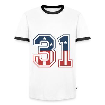 Number 31 USA - Men's Ringer Shirt - white/black - Front - AI Model Female 172 light (172cm) & AI Model Male 178 dark (178cm)