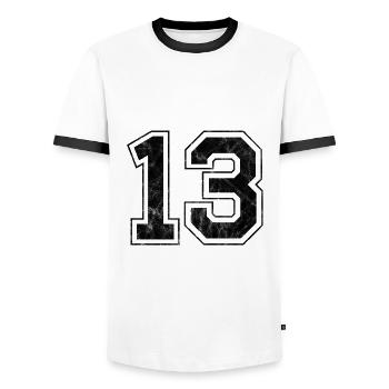 Anzahl 13 - Männer Kontrast-T-Shirt - Weiß/Schwarz - Vorne - AI Model Female 172 light (172cm) & AI Model Male 178 dark (178cm)