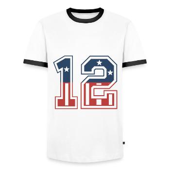 Number 12 USA - Men's Ringer Shirt - white/black - Front - AI Model Female 172 light (172cm) & AI Model Male 178 dark (178cm)