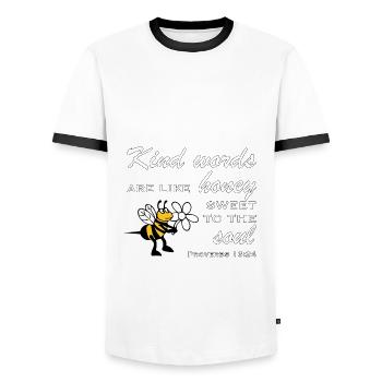 Christian Design Kind Words are like Honey Sweet - Men's Ringer Shirt - white/black - Front - AI Model Female 172 light (172cm) & AI Model Male 178 dark (178cm)