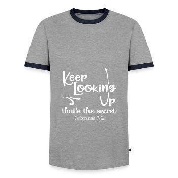 Christian Design Keep Looking Up Colossians 3 - Men's Ringer Shirt - grey/navy  - Front - AI Model Female 172 light (172cm) & AI Model Male 178 light (178cm)