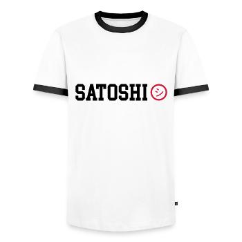 Satoshi Nakamoto BTC Bitcoin - Men's Ringer Shirt - white/black - Front - AI Model Female 172 light (172cm) & AI Model Male 178 dark (178cm)