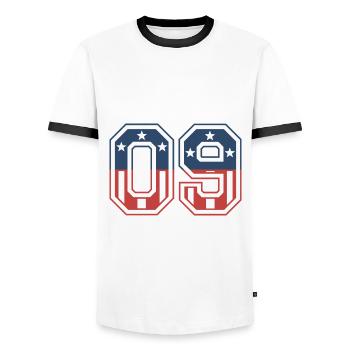 Number 09 USA - Men's Ringer Shirt - white/black - Front - AI Model Female 172 light (172cm) & AI Model Male 178 dark (178cm)