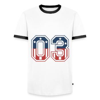 Number 03 USA - Men's Ringer Shirt - white/black - Front - AI Model Female 172 light (172cm) & AI Model Male 178 dark (178cm)