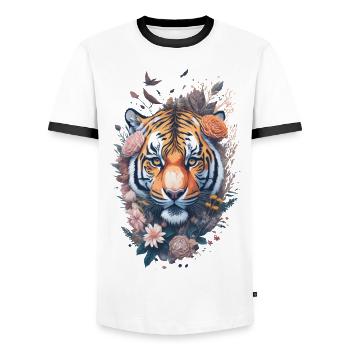 Tiger Cat Predator Nature Big Cat Wilderness - Men's Ringer Shirt - white/black - Front - AI Model Female 172 light (172cm) & AI Model Male 178 dark (178cm)