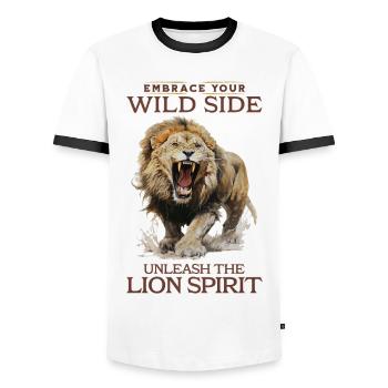 lion, tête de lion, fort, sauvage, fierté, courageux, royal, - T-shirt contrasté Homme - blanc/noir - Devant - AI Model Female 172 light (172cm) & AI Model Male 178 dark (178cm)