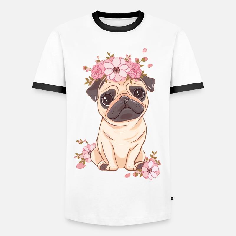 Mops mit Blumen - Männer Kontrast-T-Shirt - Weiß/Schwarz
