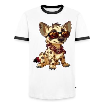 Niedliche Hyäne im Comic-Cartoon-Stil - Männer Kontrast-T-Shirt - Weiß/Schwarz - Vorne - AI Model Female 172 light (172cm) & AI Model Male 178 dark (178cm)