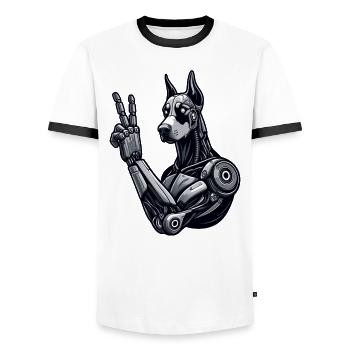 Doberman Robot Cyborg Peace Sign - Men's Ringer Shirt - white/black - Front - AI Model Female 172 light (172cm) & AI Model Male 178 dark (178cm)