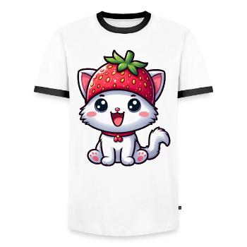 Chat fantaisiste avec fraise et chapeau aux fruits sucrés - T-shirt contrasté Homme - blanc/noir - Devant - AI Model Female 172 light (172cm) & AI Model Male 178 dark (178cm)