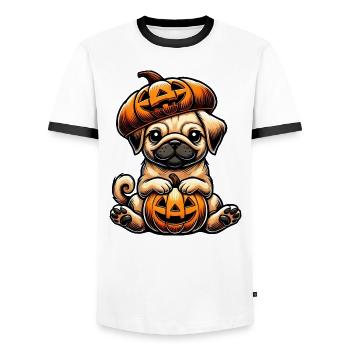 Cute Halloween Pug Cartoon Pumpkin Dog Whimsical - Men's Ringer Shirt - white/black - Front - AI Model Female 172 light (172cm) & AI Model Male 178 dark (178cm)