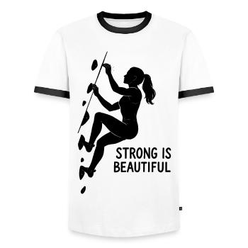 Strong is Beautiful – Aesthetics in Bouldering - Men's Ringer Shirt - white/black - Front - AI Model Female 172 light (172cm) & AI Model Male 178 dark (178cm)