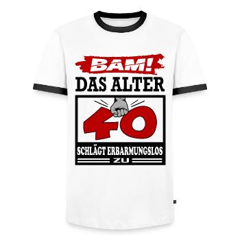 Geburtstag 40 Bam Boom Bombe Das Alter schlägt zu - Männer Kontrast-T-Shirt - Weiß/Schwarz - Vorne - AI Model Female 172 light (172cm) & AI Model Male 178 dark (178cm)