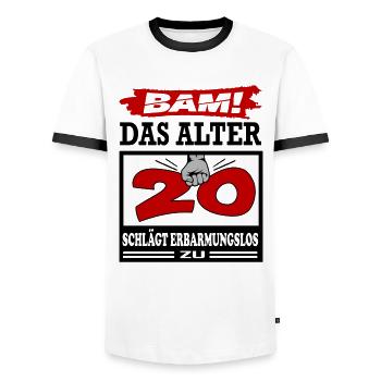 Geburtstag 20 Bam Boom Bombe Das Alter schlägt zu - Männer Kontrast-T-Shirt - Weiß/Schwarz - Vorne - AI Model Female 172 light (172cm) & AI Model Male 178 dark (178cm)