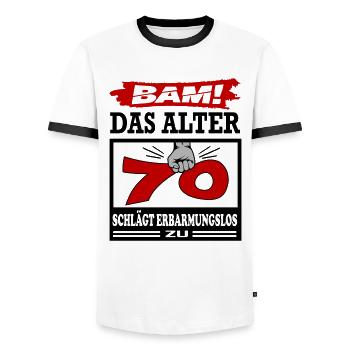 Geburtstag 70 Bam Boom Bombe Das Alter schlägt zu - Männer Kontrast-T-Shirt - Weiß/Schwarz - Vorne - AI Model Female 172 light (172cm) & AI Model Male 178 dark (178cm)