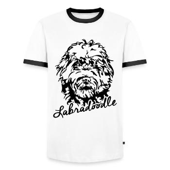 LABRADOODLE canine dog Wilsigns - Men's Ringer Shirt - white/black - Front - AI Model Female 172 light (172cm) & AI Model Male 178 dark (178cm)
