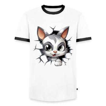Hole Peekaboo: Baby-Katze auf Abenteuer - Männer Kontrast-T-Shirt - Weiß/Schwarz - Vorne - AI Model Female 172 light (172cm) & AI Model Male 178 dark (178cm)