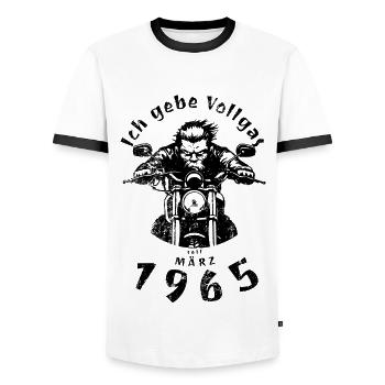60e anniversaire, je tourne à plein régime depuis 03/1965 - T-shirt contrasté Homme - blanc/noir - Devant - AI Model Female 172 light (172cm) & AI Model Male 178 dark (178cm)