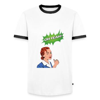 Oh yeah comic comic style cartoon speech bubble nerd - Men's Ringer Shirt - white/black - Front - AI Model Female 172 light (172cm) & AI Model Male 178 dark (178cm)