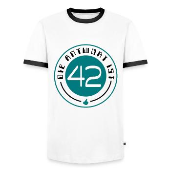 the answer is 42 - Men's Ringer Shirt - white/black - Front - AI Model Female 172 light (172cm) & AI Model Male 178 dark (178cm)