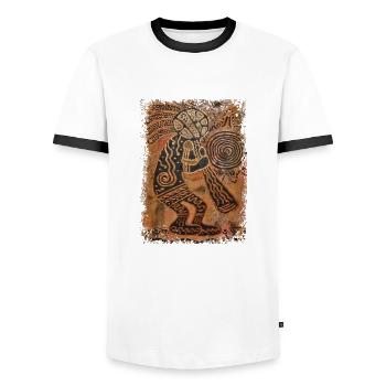 EsoGeo ★ Kokopelli 01 ★ real painting - Männer Kontrast-T-Shirt - Weiß/Schwarz - Vorne - AI Model Female 172 light (172cm) & AI Model Male 178 dark (178cm)
