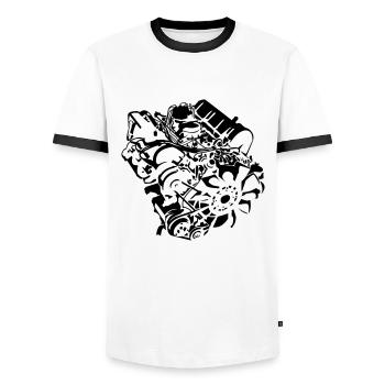 V8_Motor - Men's Ringer Shirt - white/black - Front - AI Model Female 172 light (172cm) & AI Model Male 178 dark (178cm)