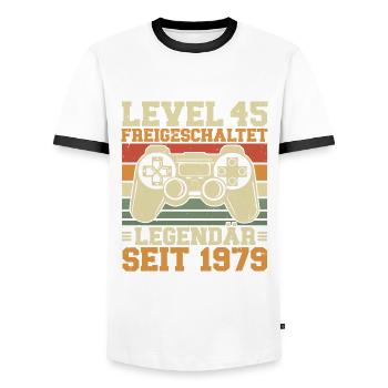 Niveau 45 débloqué Légendaire depuis 1979 - T-shirt contrasté Homme - blanc/noir - Devant - AI Model Female 172 light (172cm) & AI Model Male 178 dark (178cm)