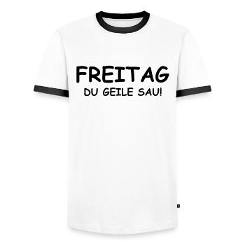 Freitag du geile Sau! - Männer Kontrast-T-Shirt - Weiß/Schwarz - Vorne - AI Model Female 172 light (172cm) & AI Model Male 178 dark (178cm)