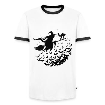 Hexe und ihre Katze auf ihrem Besen - Halloween - Männer Kontrast-T-Shirt - Weiß/Schwarz - Vorne - AI Model Female 172 light (172cm) & AI Model Male 178 dark (178cm)
