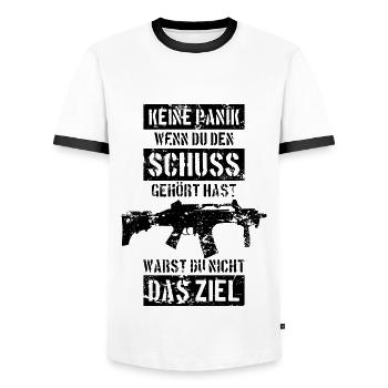 BUNDESWEHR SOLDATEN SCHUSS ZIEL MASCHINENGEWEHR - Männer Kontrast-T-Shirt - Weiß/Schwarz - Vorne - AI Model Female 172 light (172cm) & AI Model Male 178 dark (178cm)
