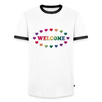 Welcome (Bienvenue / Bienvenu) - T-shirt contrasté Homme - blanc/noir - Devant - AI Model Female 172 light (172cm) & AI Model Male 178 dark (178cm)