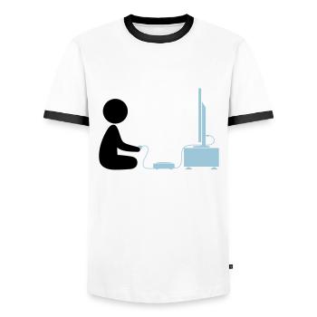 Ein Junge spielt mit seiner Spiele-Konsole - Männer Kontrast-T-Shirt - Weiß/Schwarz - Vorne - AI Model Female 172 light (172cm) & AI Model Male 178 dark (178cm)