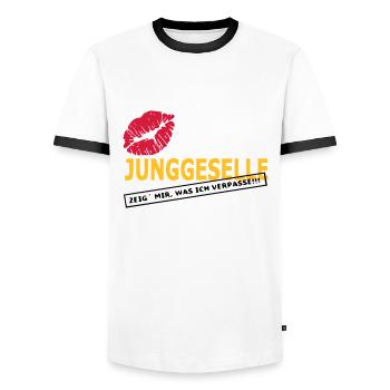 Junggesellenabschied - Zeig mir was ich verpasse - Männer Kontrast-T-Shirt - Weiß/Schwarz - Vorne - AI Model Female 172 light (172cm) & AI Model Male 178 dark (178cm)