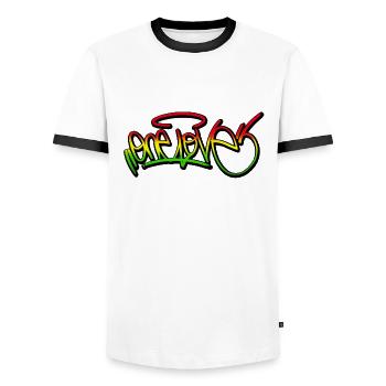 one love graffiti reggae rasta gift mask - Men's Ringer Shirt - white/black - Front - AI Model Female 172 light (172cm) & AI Model Male 178 dark (178cm)