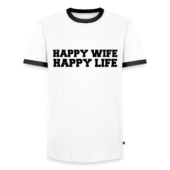 Happy Wife - Happy Life - T-shirt contrasté Homme - blanc/noir - Devant - AI Model Female 172 light (172cm) & AI Model Male 178 dark (178cm)