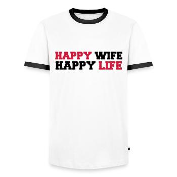 Happy Wife - Happy Life - T-shirt contrasté Homme - blanc/noir - Devant - AI Model Female 172 light (172cm) & AI Model Male 178 dark (178cm)