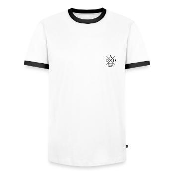Papa 25 Papa Bébé Papa 2025 Fête des Pères Changement de couleur - T-shirt contrasté Homme - blanc/noir - Devant - AI Model Female 172 light (172cm) & AI Model Male 178 dark (178cm)