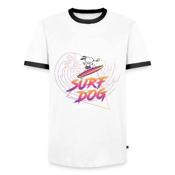 Peanuts Snoopy Surf Dog Chien Woodstock - T-shirt contrasté Homme - blanc/noir - Devant - AI Model Female 172 light (172cm) & AI Model Male 178 dark (178cm)