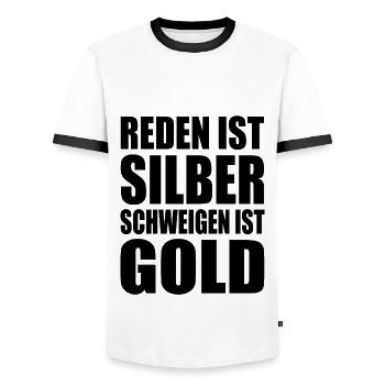 reden ist silber schweigen ist gold - Männer Kontrast-T-Shirt - Weiß/Schwarz - Vorne - AI Model Female 172 light (172cm) & AI Model Male 178 dark (178cm)