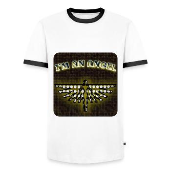 I'm an Angel - Club WoW - 2023 - Men's Ringer Shirt - white/black - Front - AI Model Female 172 light (172cm) & AI Model Male 178 dark (178cm)