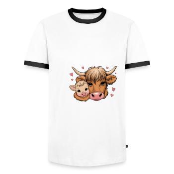 Adorable Highland Cow, Western Highland Cow - Men's Ringer Shirt - white/black - Front - AI Model Female 172 light (172cm) & AI Model Male 178 dark (178cm)