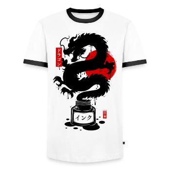Black Japanese dragon ink - Men's Ringer Shirt - white/black - Front - AI Model Female 172 light (172cm) & AI Model Male 178 dark (178cm)