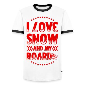I love Snowboarding - Men's Ringer Shirt - white/black - Front - AI Model Female 172 light (172cm) & AI Model Male 178 dark (178cm)