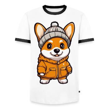 Chien Corgi Hiver - T-shirt contrasté Homme - blanc/noir - Devant - AI Model Female 172 light (172cm) & AI Model Male 178 dark (178cm)
