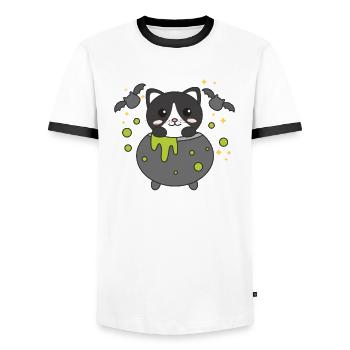 Cat Happy Halloween Cauldron Bat - Men's Ringer Shirt - white/black - Front - AI Model Female 172 light (172cm) & AI Model Male 178 dark (178cm)