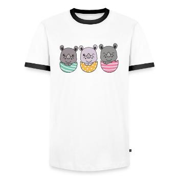 rhinocéros mignons à Pâques avec des œufs de Pâques rhinocéros - T-shirt contrasté Homme - blanc/noir - Devant - AI Model Female 172 light (172cm) & AI Model Male 178 dark (178cm)