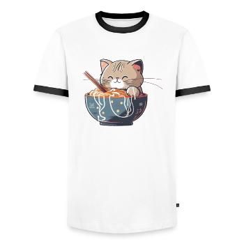 But first ramen cute cat eats ramen - Men's Ringer Shirt - white/black - Front - AI Model Female 172 light (172cm) & AI Model Male 178 dark (178cm)