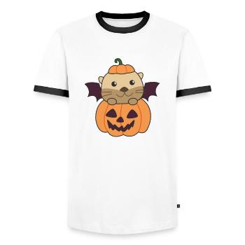 Otter Happy Halloween Pumpkin Bat Costume - Men's Ringer Shirt - white/black - Front - AI Model Female 172 light (172cm) & AI Model Male 178 dark (178cm)